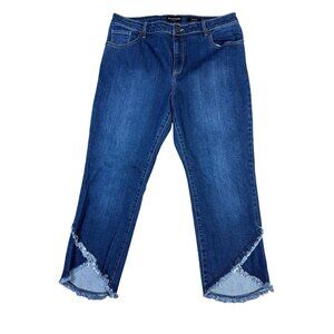 Susan Graver Cropped Jeans Frayed Hem Mid-Rise Size 14 Stretch Denim Blue